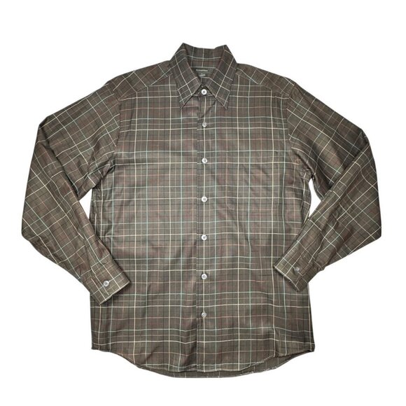 Ermenegildo Zegna Dress Shirt Sz.M Brown Plaid Check Button Up Cotton Italian - Picture 1 of 11